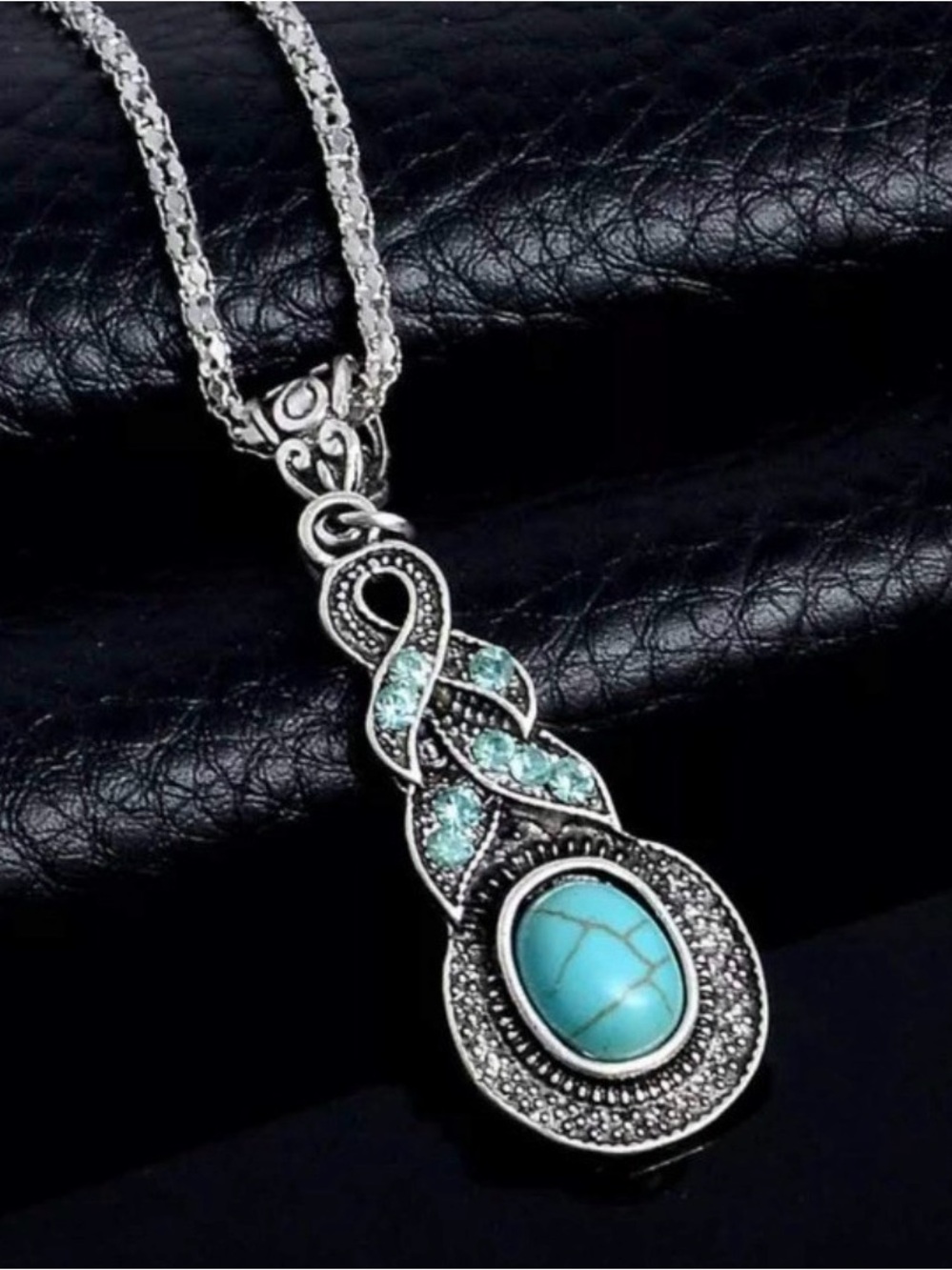 Turquoise Stone Silver-Tone Pendant Necklace for Women